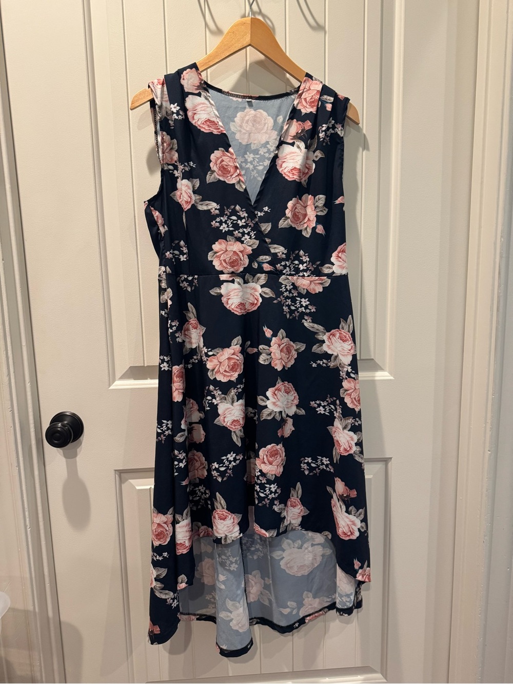 Navy Blue Rose Floral High-Low V-Neck Dress Size XL Perfect Condition